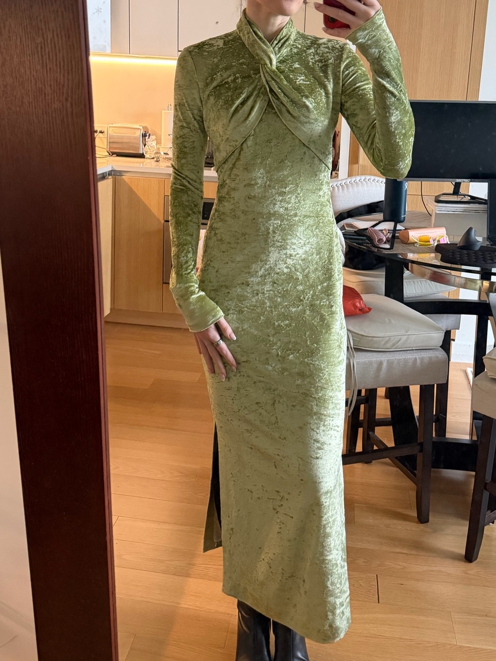 Nanushka Olive Green Velvet Long-Sleeve Twist-Neck Maxi Dress